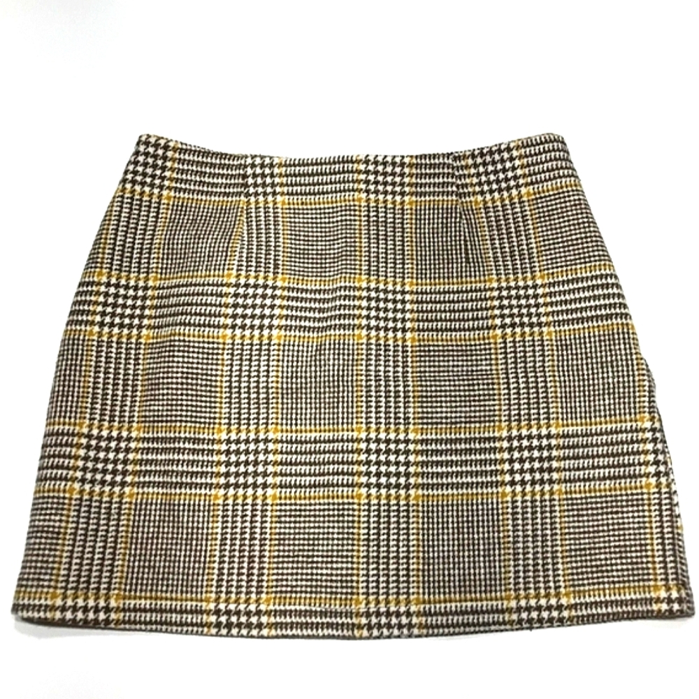 Forever 21 Plaid Wool Work Mini Skirt Mustard Cream Brown (S)